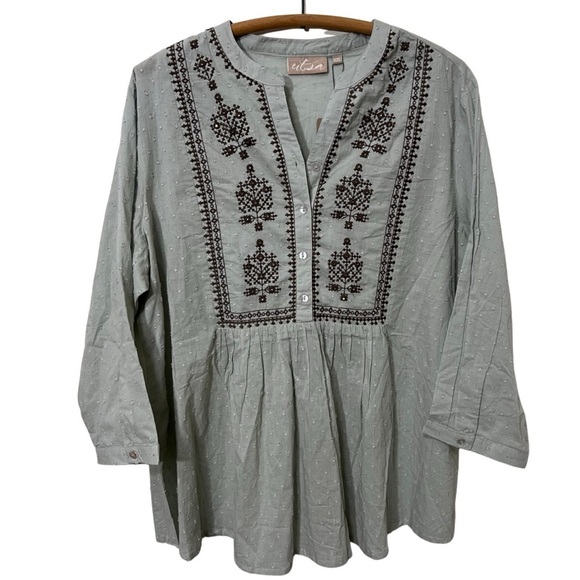Utsa Tops - Boho Embroidered Flowy Tunic Top Size XXL Embellish 100% Cotton Blouse UTSA